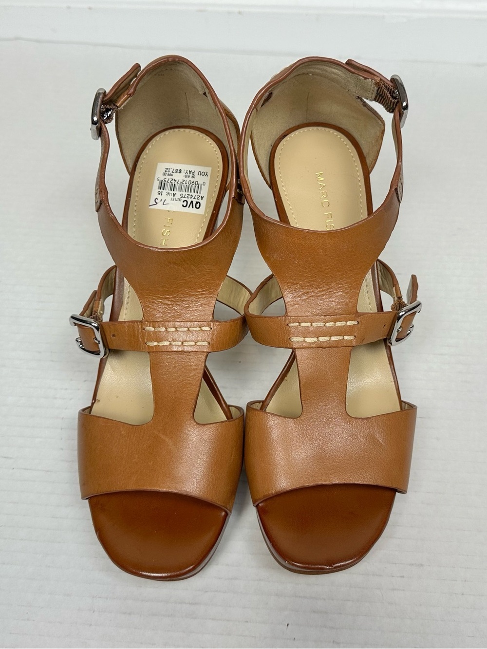 Marc Fisher Tan/Cognac Leather T-Strap Platform High Heel Sandals – Size 7.5M